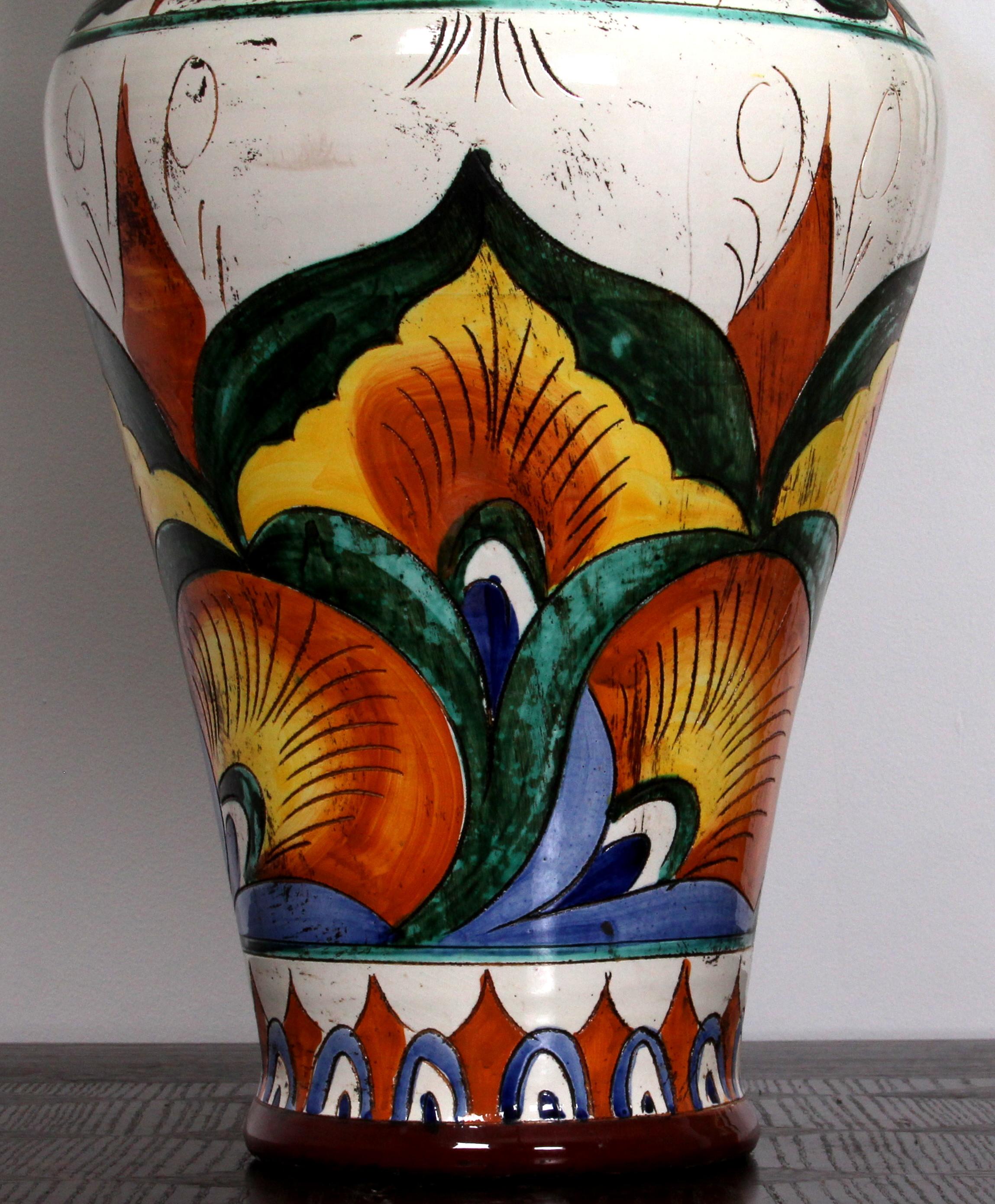 Art Nouveau Southern French Fayance art pottery FLOOR VASE rare colours&pattern For Sale 9