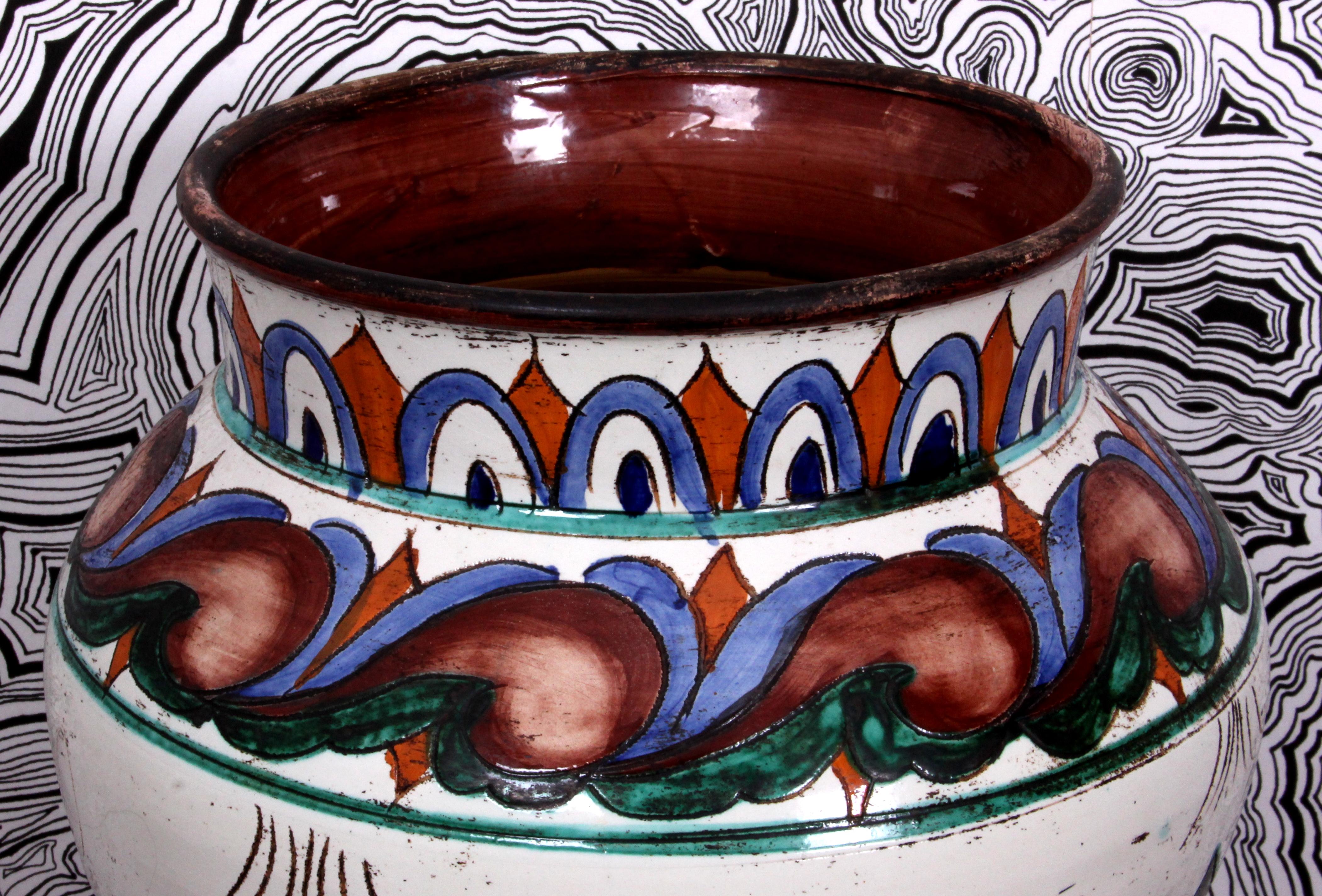 Art Nouveau Southern French Fayance art pottery FLOOR VASE rare colours&pattern For Sale 4