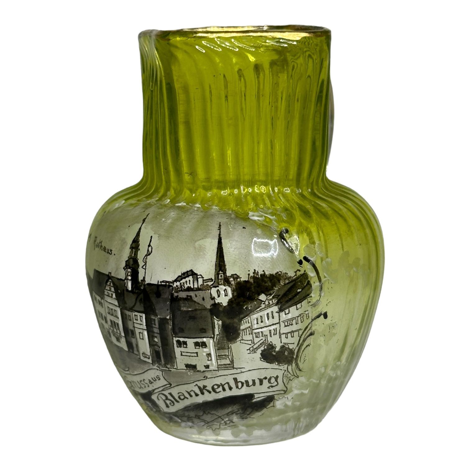 Hand-Crafted Art Nouveau Souvenir Glass Creamer or Small Vase Antique, German Glassware For Sale