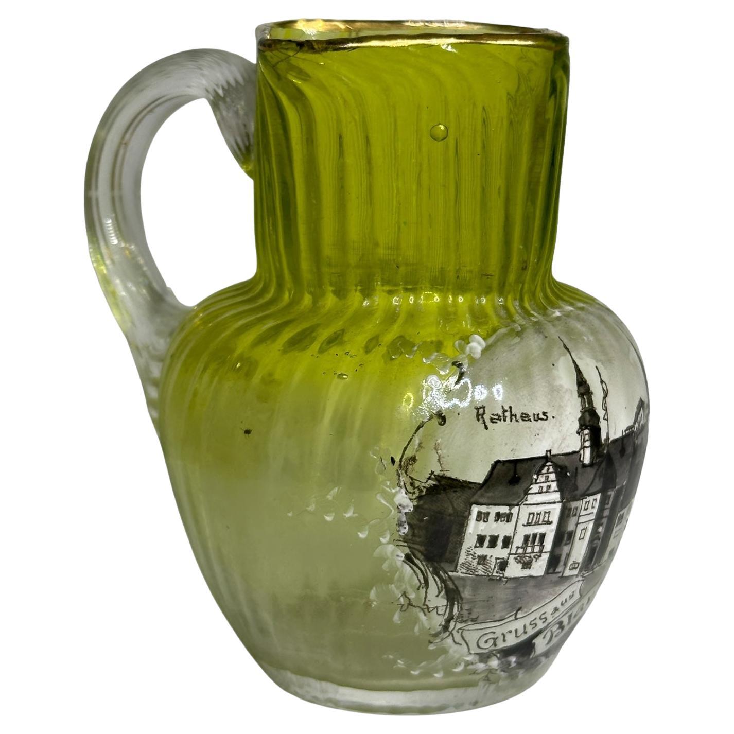 Art Nouveau Souvenir Glass Creamer or Small Vase Antique, German Glassware For Sale