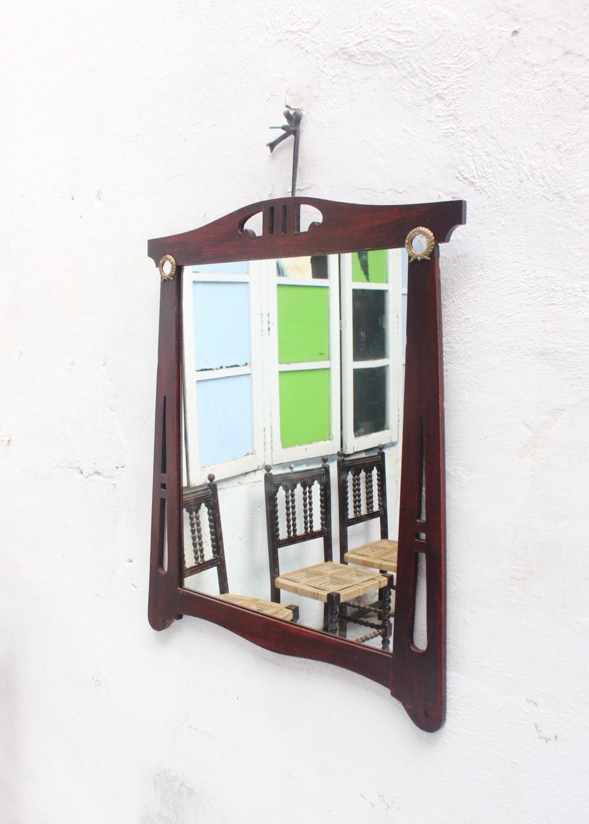 Brass Art Nouveau Spanish Thin Wood Wall Mirror, 1900s For Sale