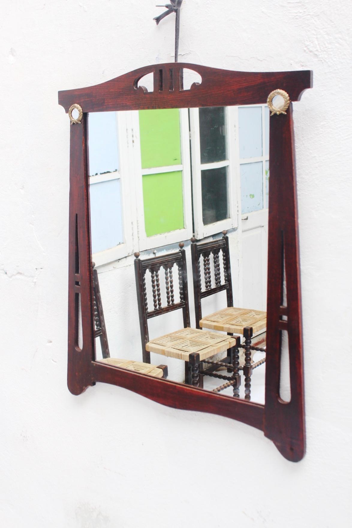 Art Nouveau Spanish Thin Wood Wall Mirror, 1900s For Sale 3