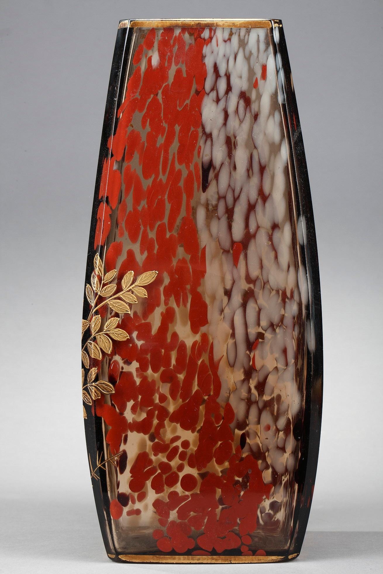 Vase aus gesprenkeltem Glas im Jugendstil, Ernest Lveill zugeschrieben (Handbemalt) im Angebot