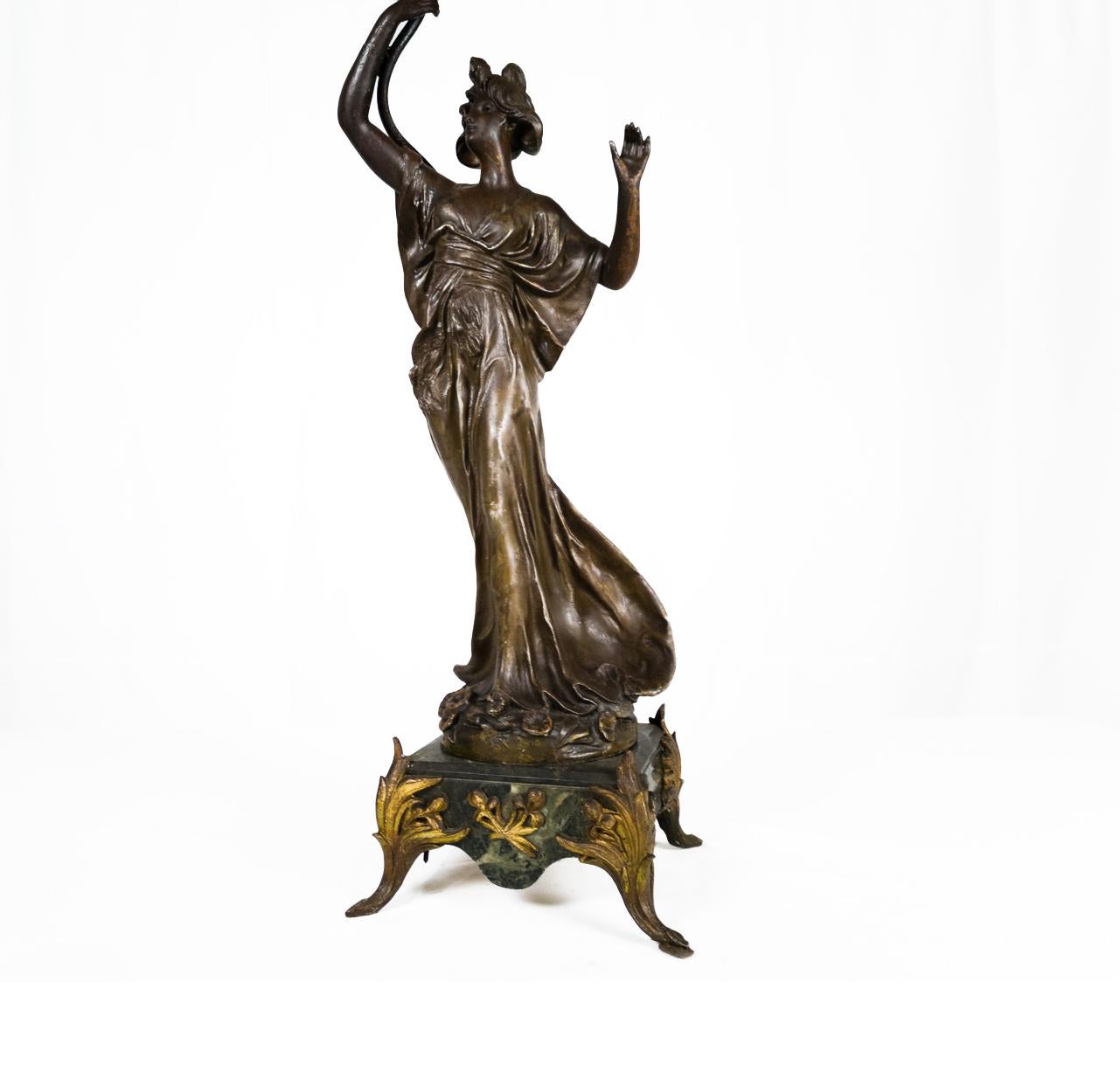 French Art Nouveau  Spelter Woman Sculpture Yellow Glass Lamp, 1900s For Sale