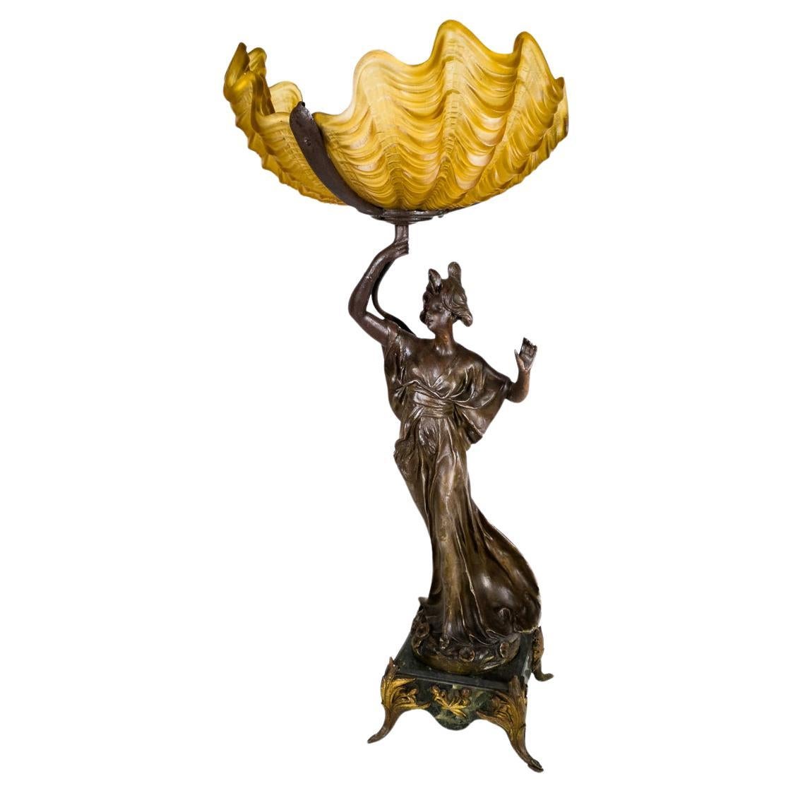 Lampada in vetro giallo con scultura di donna in spelta Art Nouveau, 1900