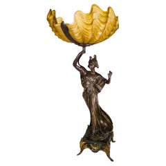Art Nouveau Spelter Woman Sculpture Yellow Glass Lamp, 1900s