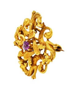 Art Nouveau Spinel 14 Karat Yellow Gold Dragon Brooch