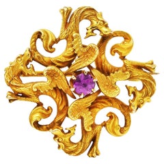 Art Nouveau Spinel 14 Karat Yellow Gold Dragon Brooch