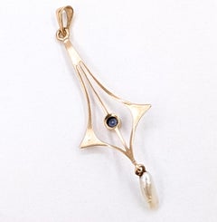 Art Nouveau Spinel and Seed Pearl Lavaliere Pendant in 10k Yellow Gold