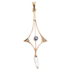 Art Nouveau Spinel and Seed Pearl Lavaliere Pendant in 10k Yellow Gold