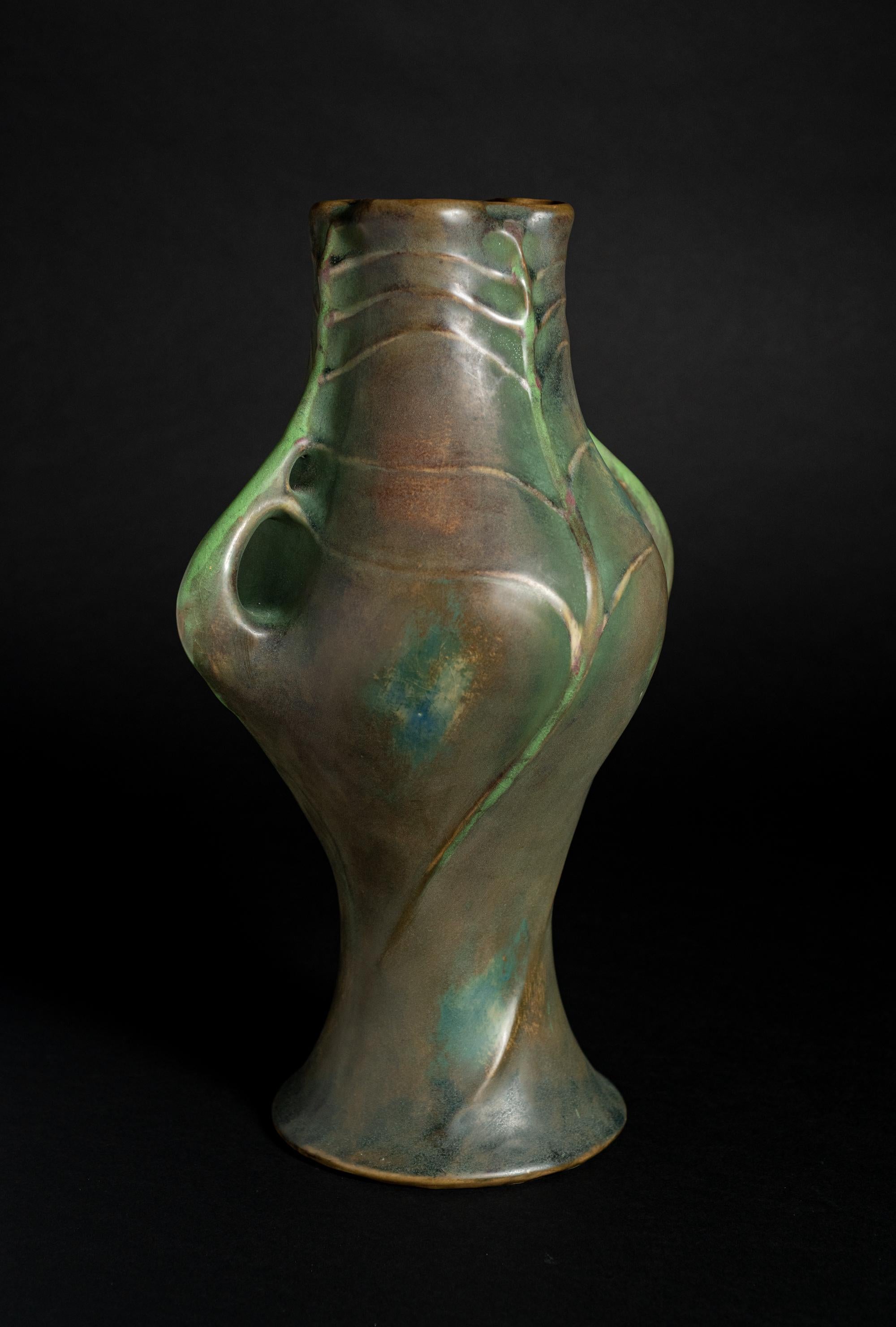 Austrian Art Nouveau Spiral Leaf Vase by Paul Dachsel for RStK Amphora For Sale