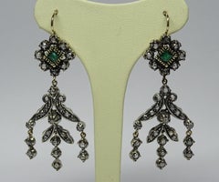 Art Nouveau Square Emerald Rose Cut Diamond 14 Karat Yellow Gold Earrings