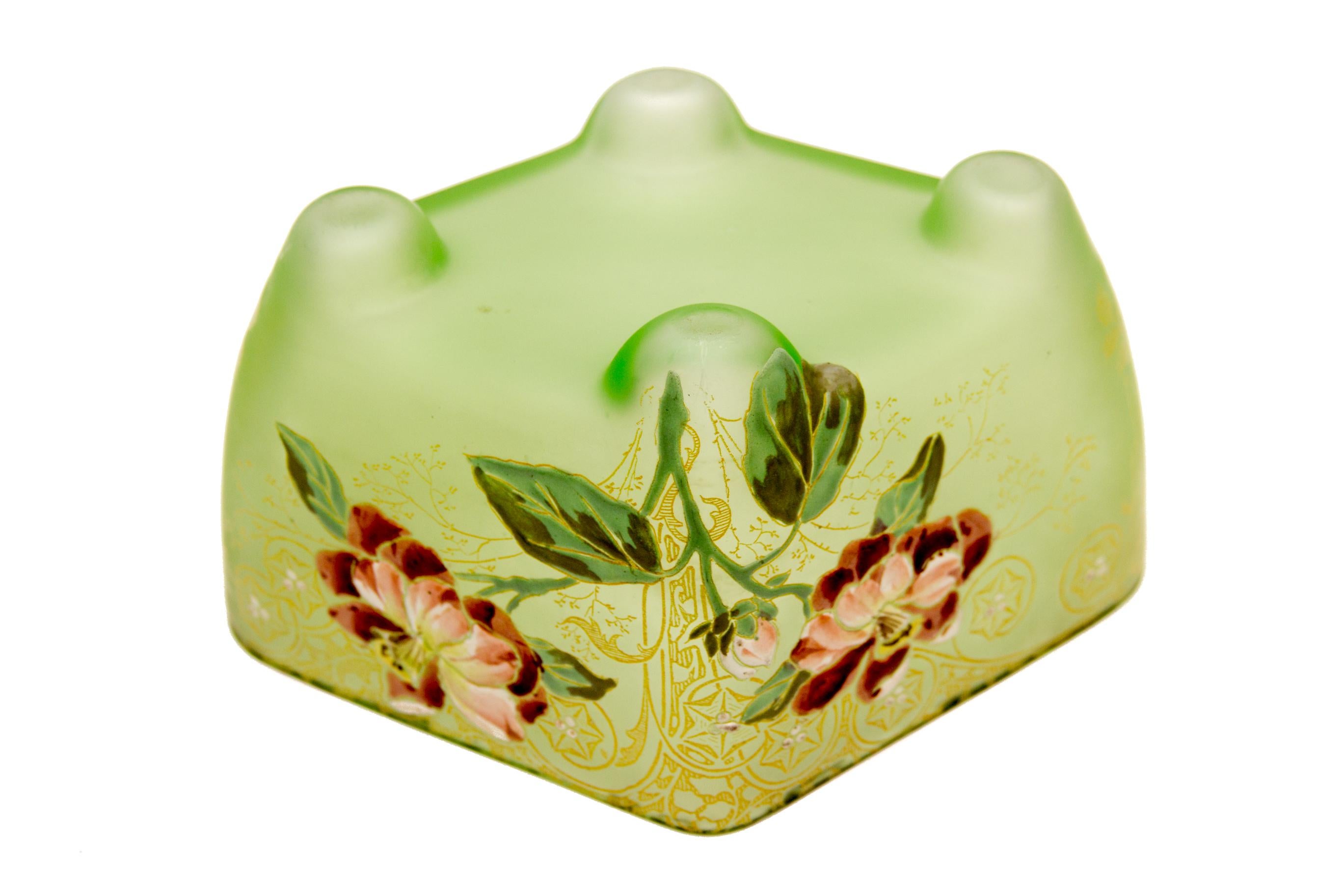 Enameled Art Nouveau Square Glass Bowl with Flowers and Ornaments
