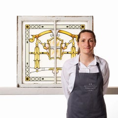 Art Nouveau Stained & Etched Glass Window with Mullion