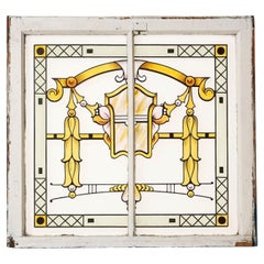 Art Nouveau Stained & Etched Glass Window with Mullion