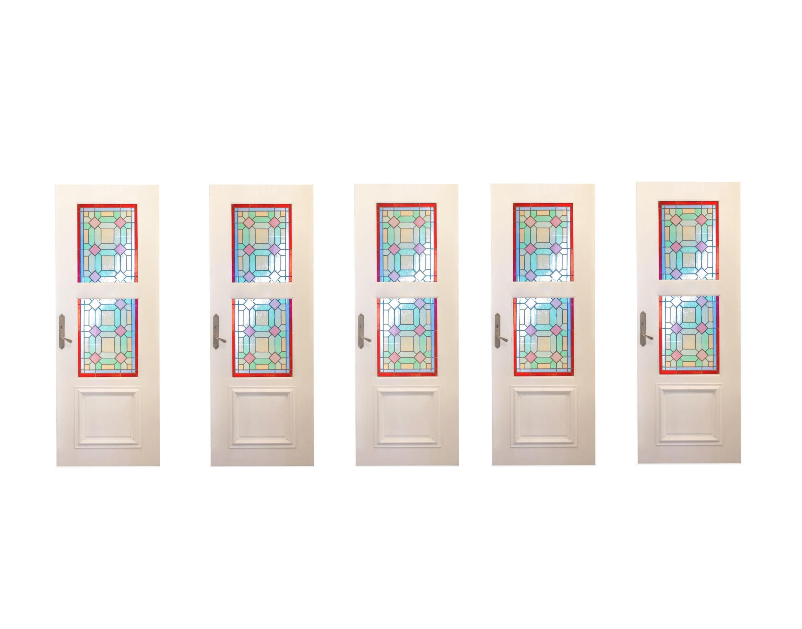 Metal Art Nouveau Stained Glass 10 Panel in 5 Doors For Sale