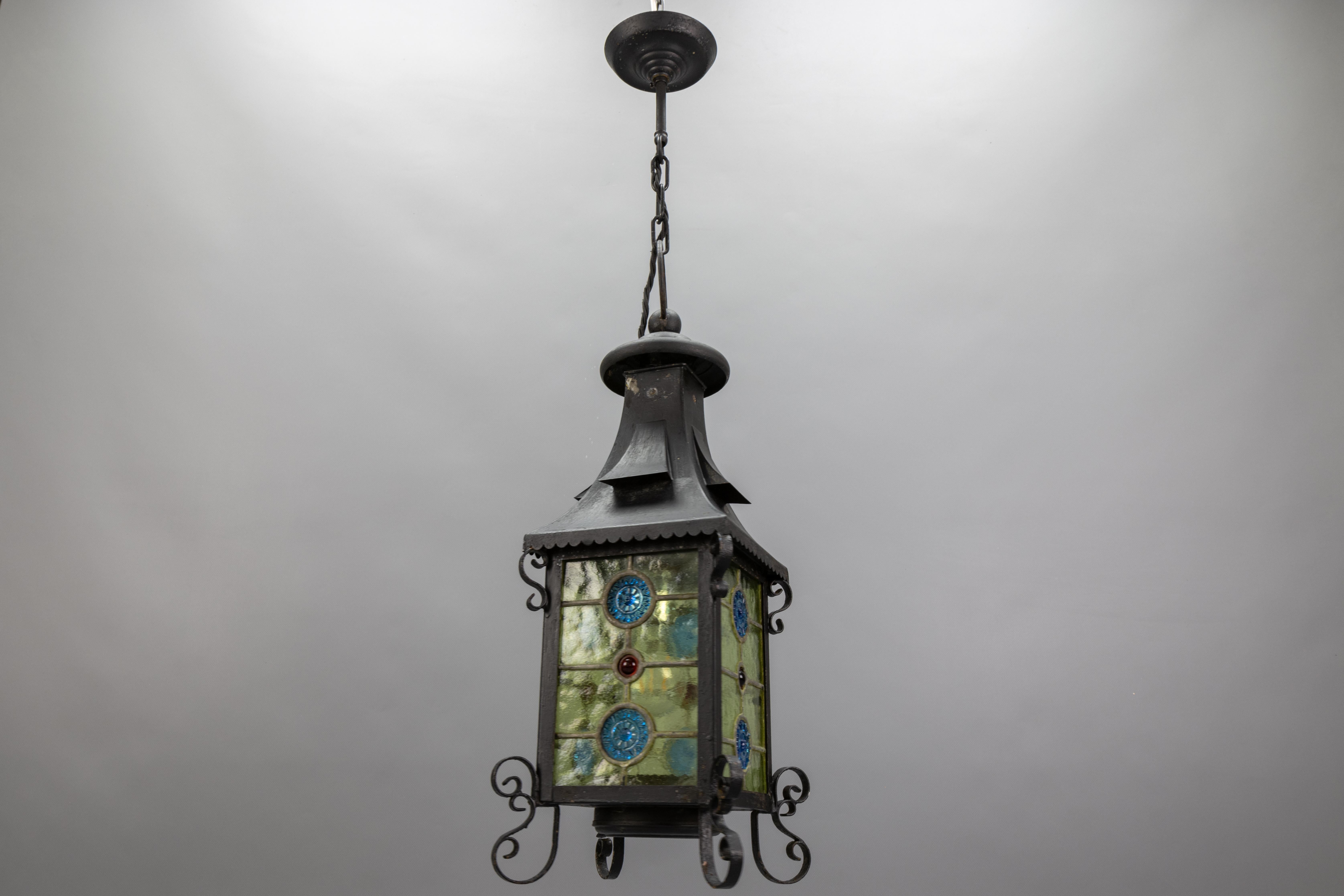 Lanterna a sospensione in vetro colorato e metallo in stile Art Nouveau, Germania, circa 1920 in vendita 8