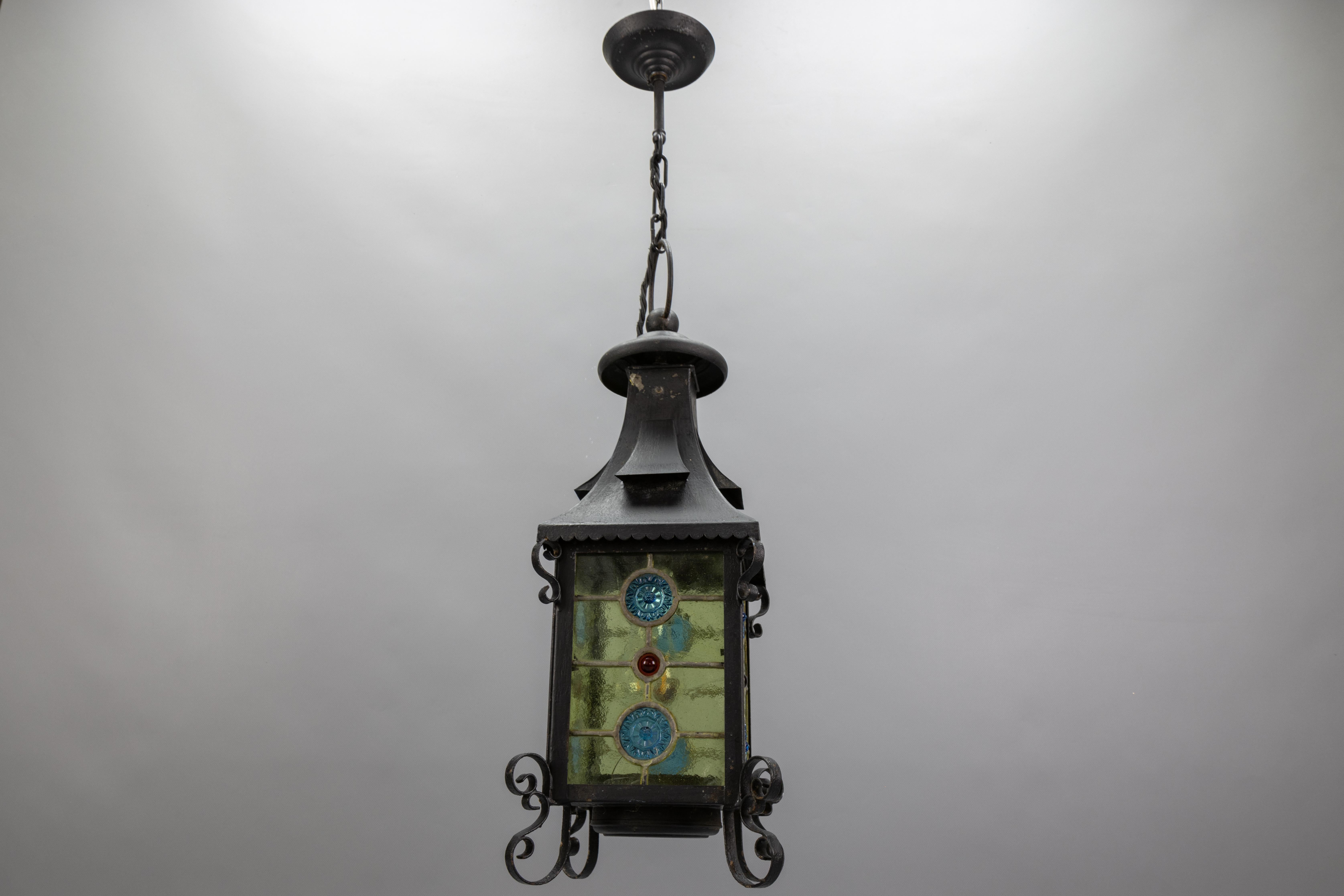 Lanterna a sospensione in vetro colorato e metallo in stile Art Nouveau, Germania, circa 1920 in vendita 9
