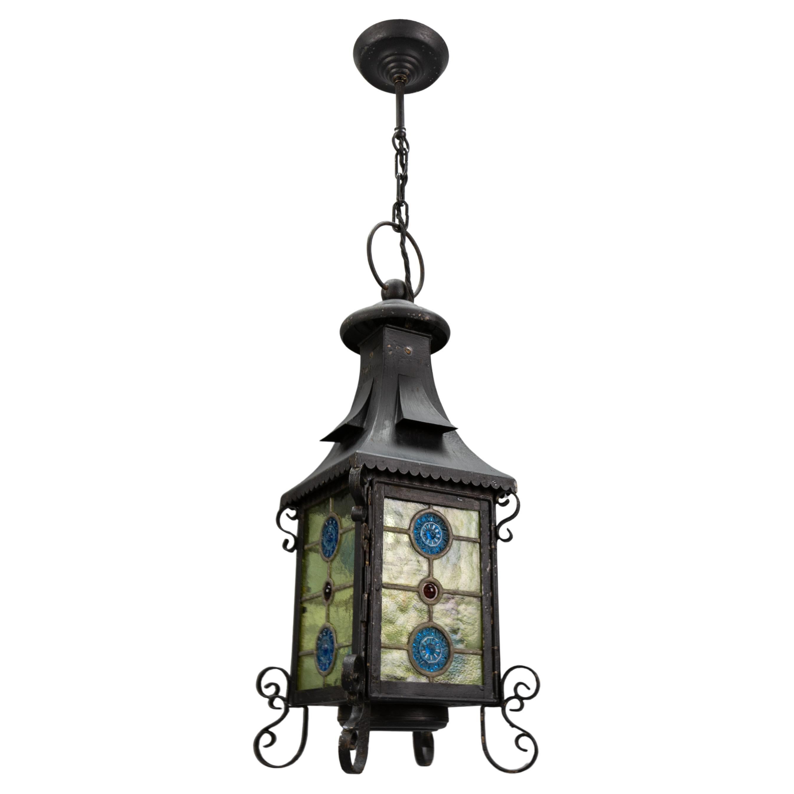 Lanterna a sospensione in vetro colorato e metallo in stile Art Nouveau, Germania, circa 1920 in vendita