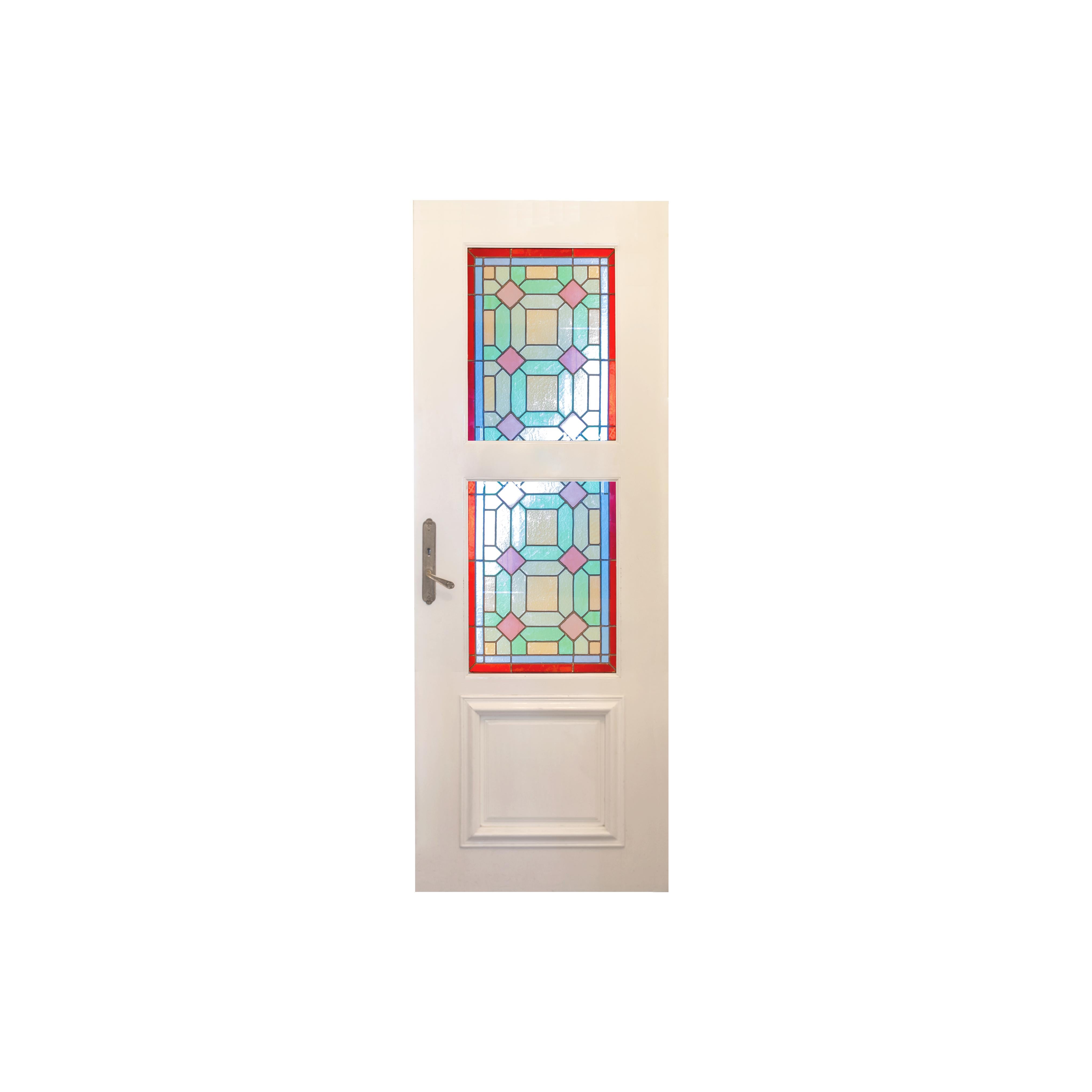 Set of 10 stained glass windows in five doors with brass handles. 
Beautiful stained glass from the Art Nouveau period with rich polychrome decoration. Each door has two glass panels framed in original lead channels

Doors: 30,9 x 82,28 in (78,5 x