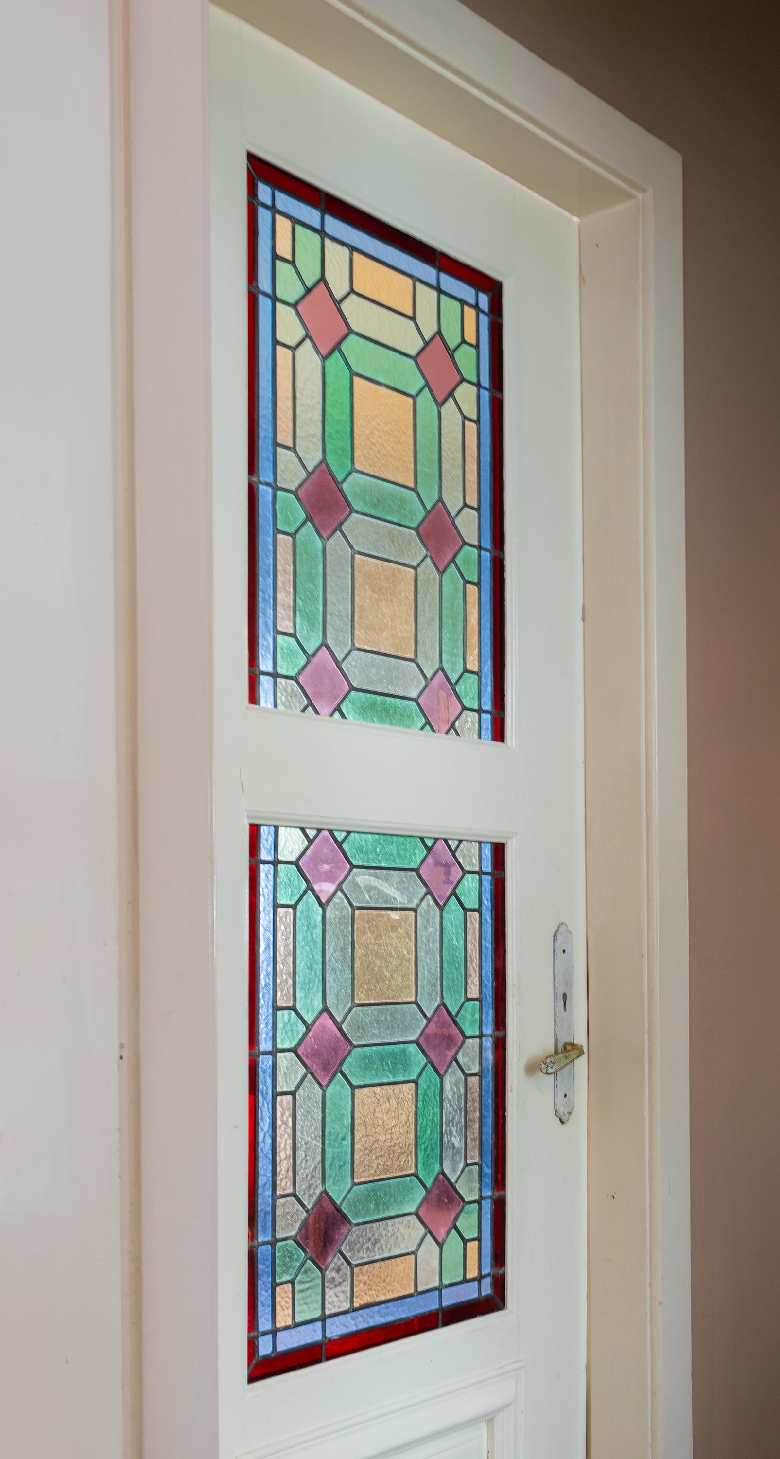French Art Nouveau Stained Glass 10 Panel in 5 Doors For Sale