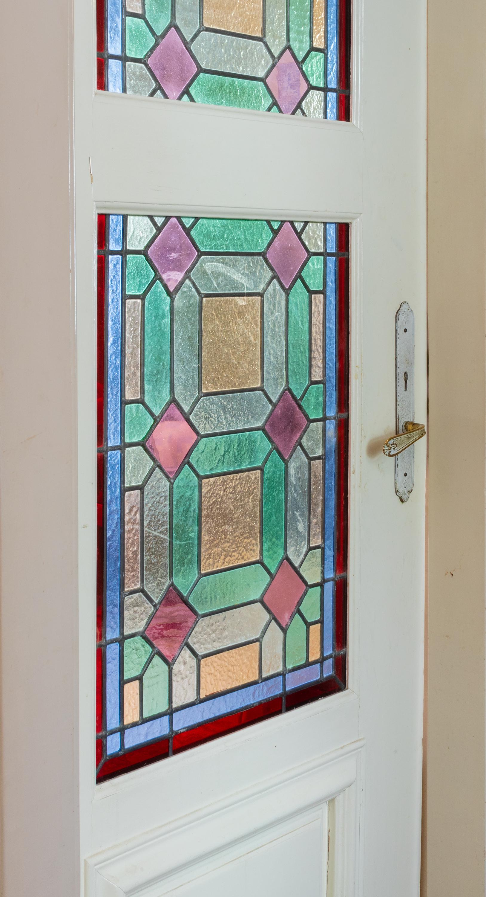 Painted Art Nouveau Stained Glass 10 Panel in 5 Doors For Sale