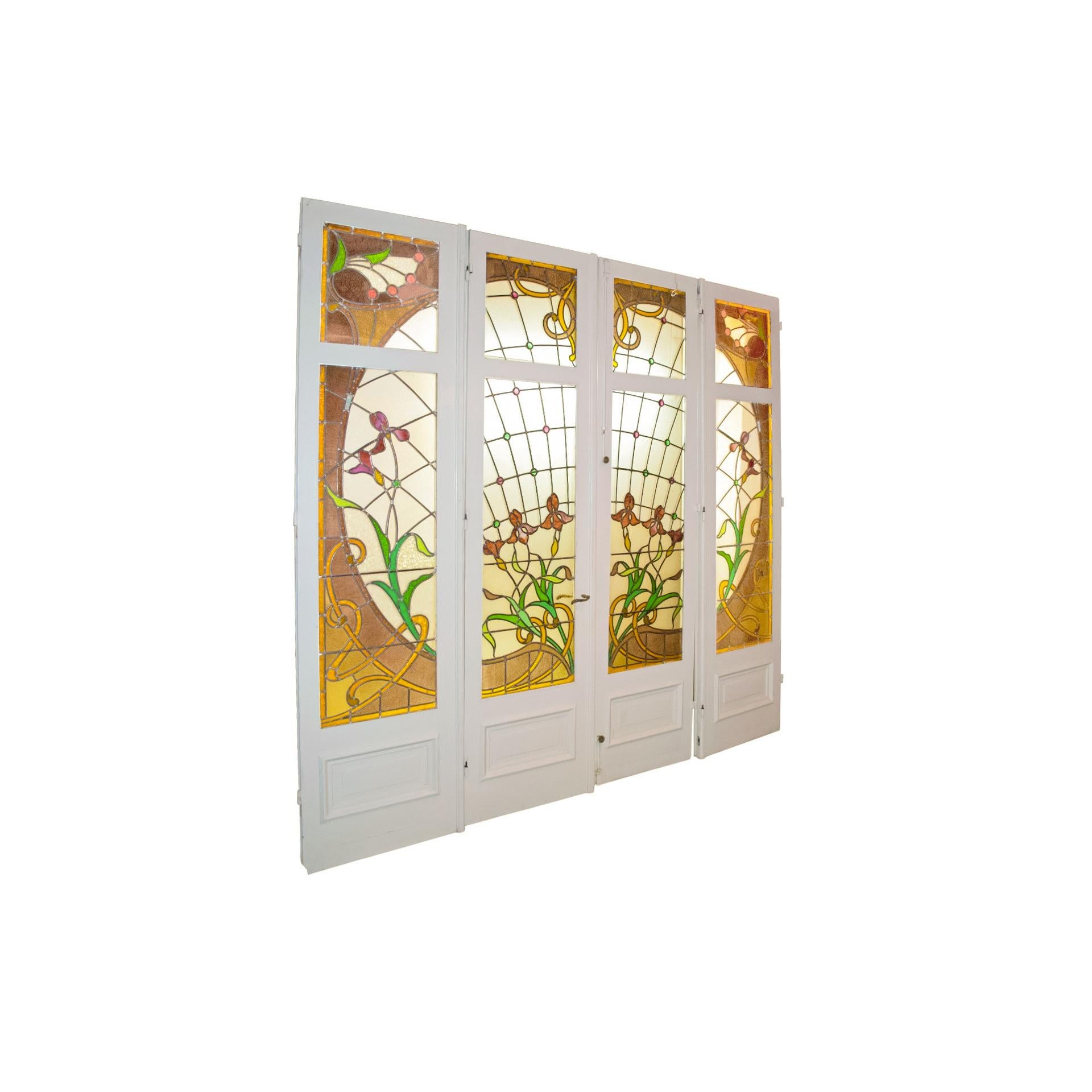20th Century Art Nouveau Stained Glass Panel Doors For Sale