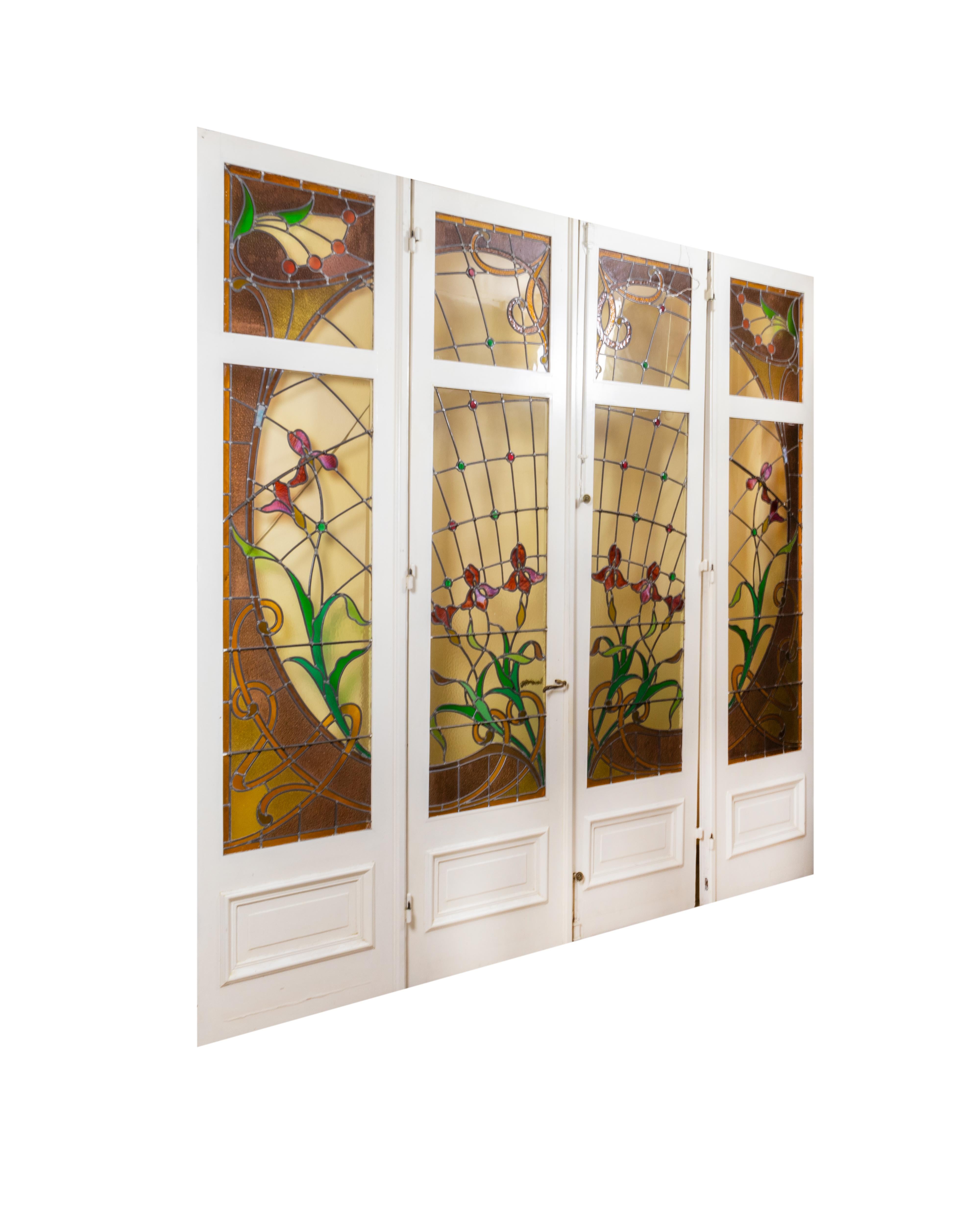 Art Nouveau Stained Glass Panel Doors For Sale