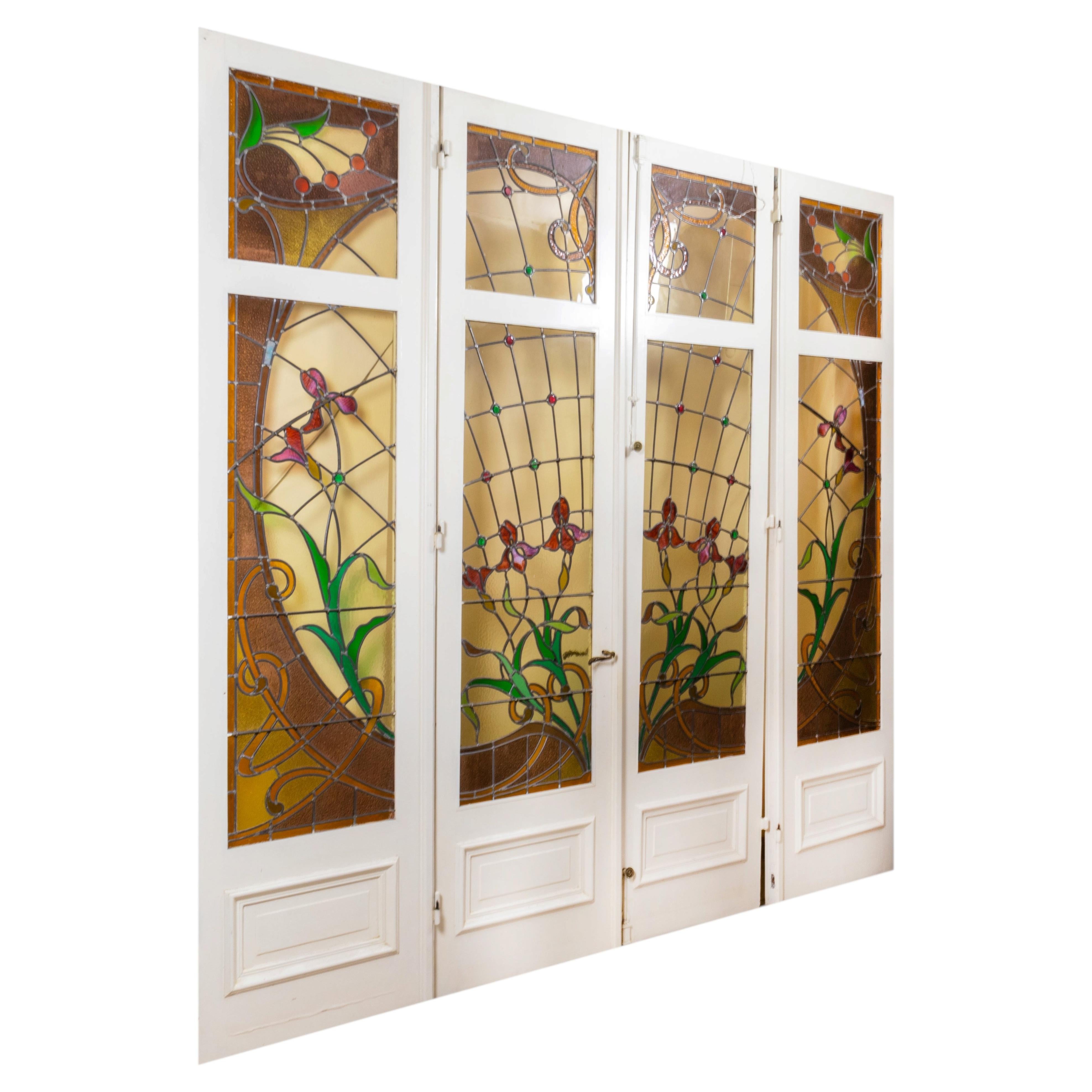 Art Nouveau Stained Glass Panel Doors, French, Brass & Wood, 1900-1916