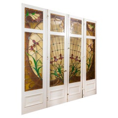 Art Nouveau Stained Glass Panel Doors, French, Brass & Wood, 1900-1916