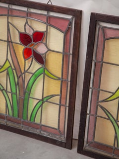 Stained glass panel of Art Nouveau style, hand-made, Belgium, floral design