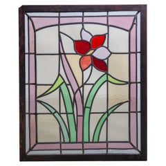 Stained glass panel of Art Nouveau style, hand-made, Belgium, floral design