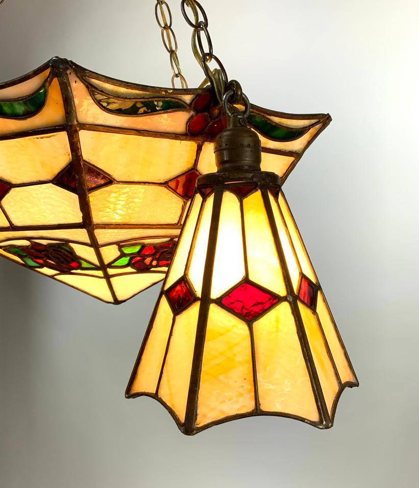 European Art Nouveau Stained Glass Pendant Chandelier with Art Deco Influences For Sale