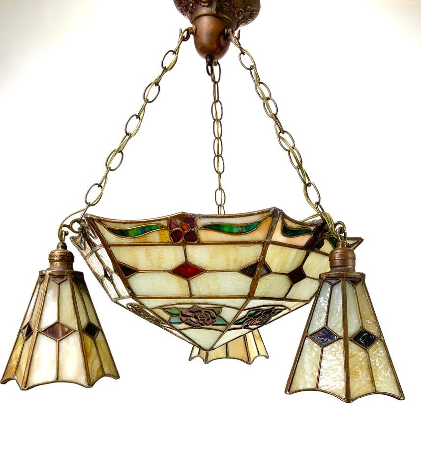 Art Nouveau Stained Glass Pendant Chandelier with Art Deco Influences For Sale 1