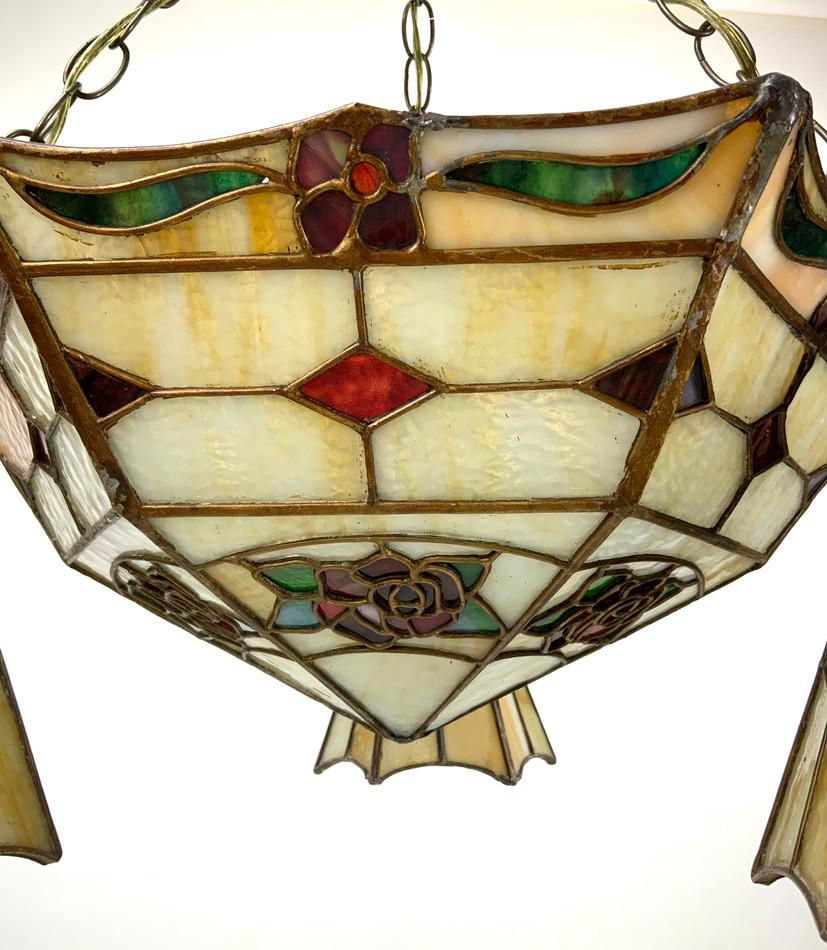 Art Nouveau Stained Glass Pendant Chandelier with Art Deco Influences For Sale 2