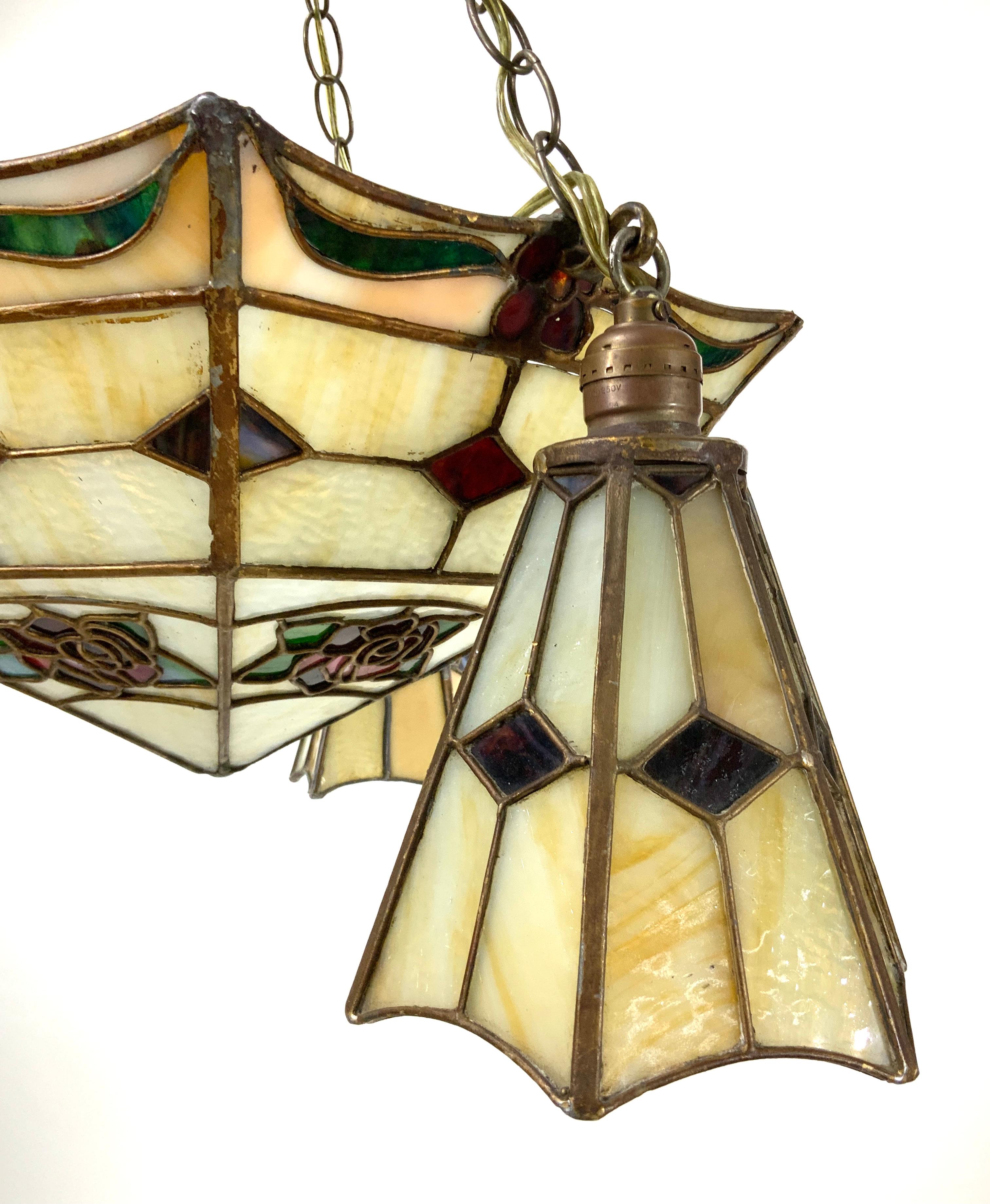Art Nouveau Stained Glass Pendant Chandelier with Art Deco Influences For Sale 3