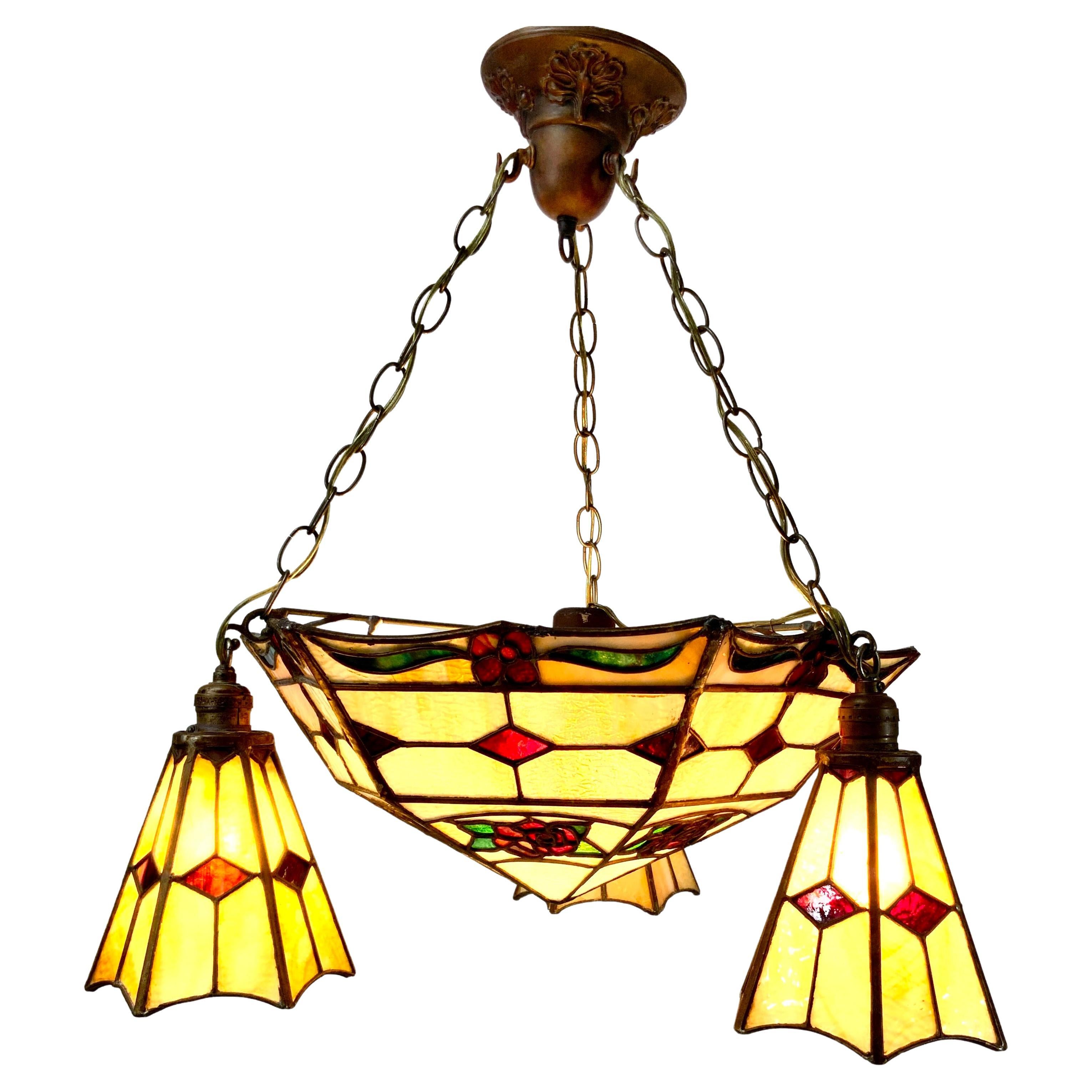 Art Nouveau Stained Glass Pendant Chandelier with Art Deco Influences For Sale