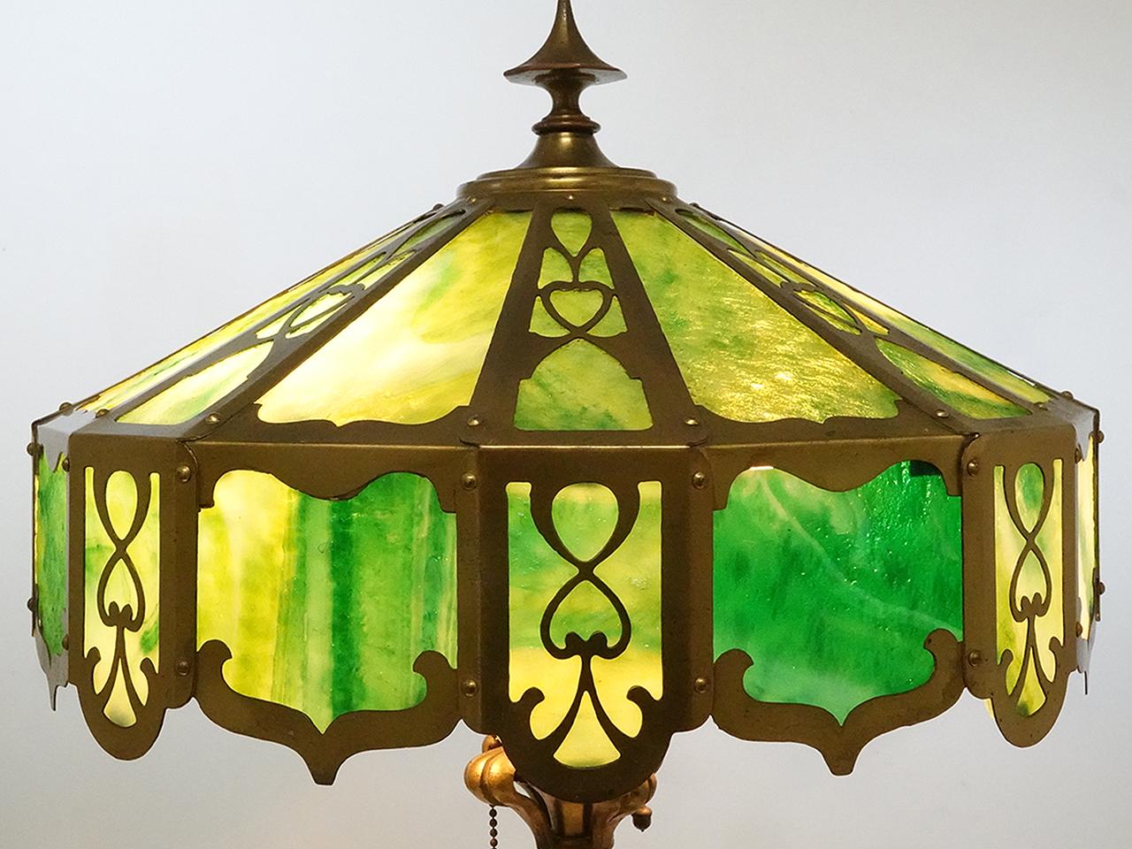 American Art Nouveau Stained Glass Table Lamp, Brass, Emerald, Yellow