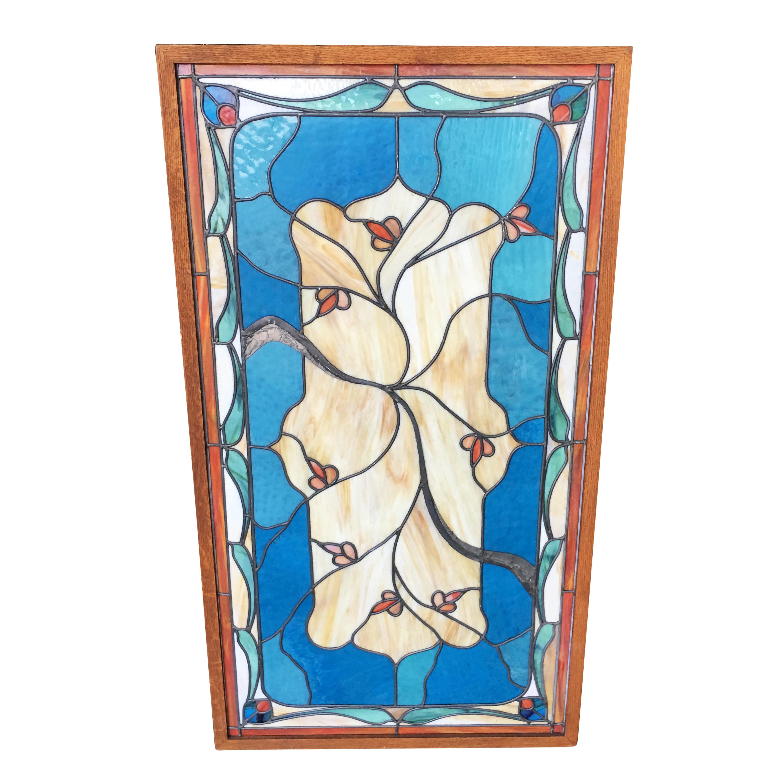 Vintage Art Nouveau stained leaded glass window panel.
