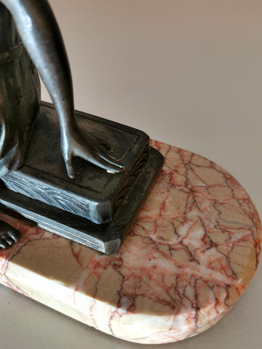 Art Nouveau Statue of a Girl in Antimony on Precious Pink Marble France 3