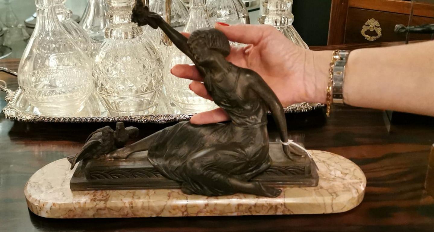 Art Nouveau Statue of a Girl in Antimony on Precious Pink Marble France 7