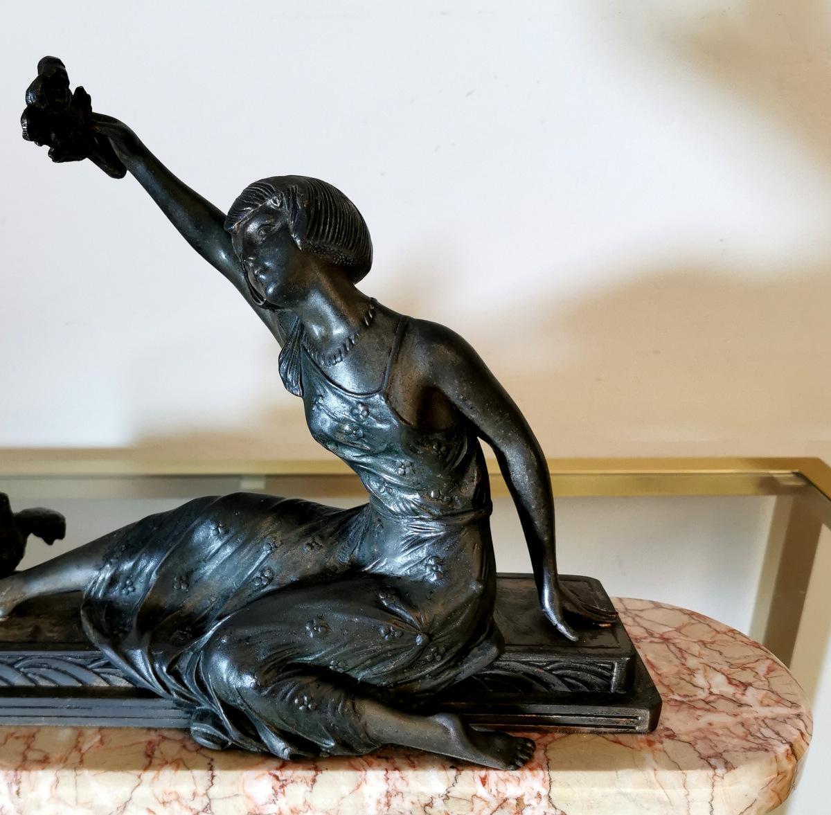 French Art Nouveau Statue of a Girl in Antimony on Precious Pink Marble France