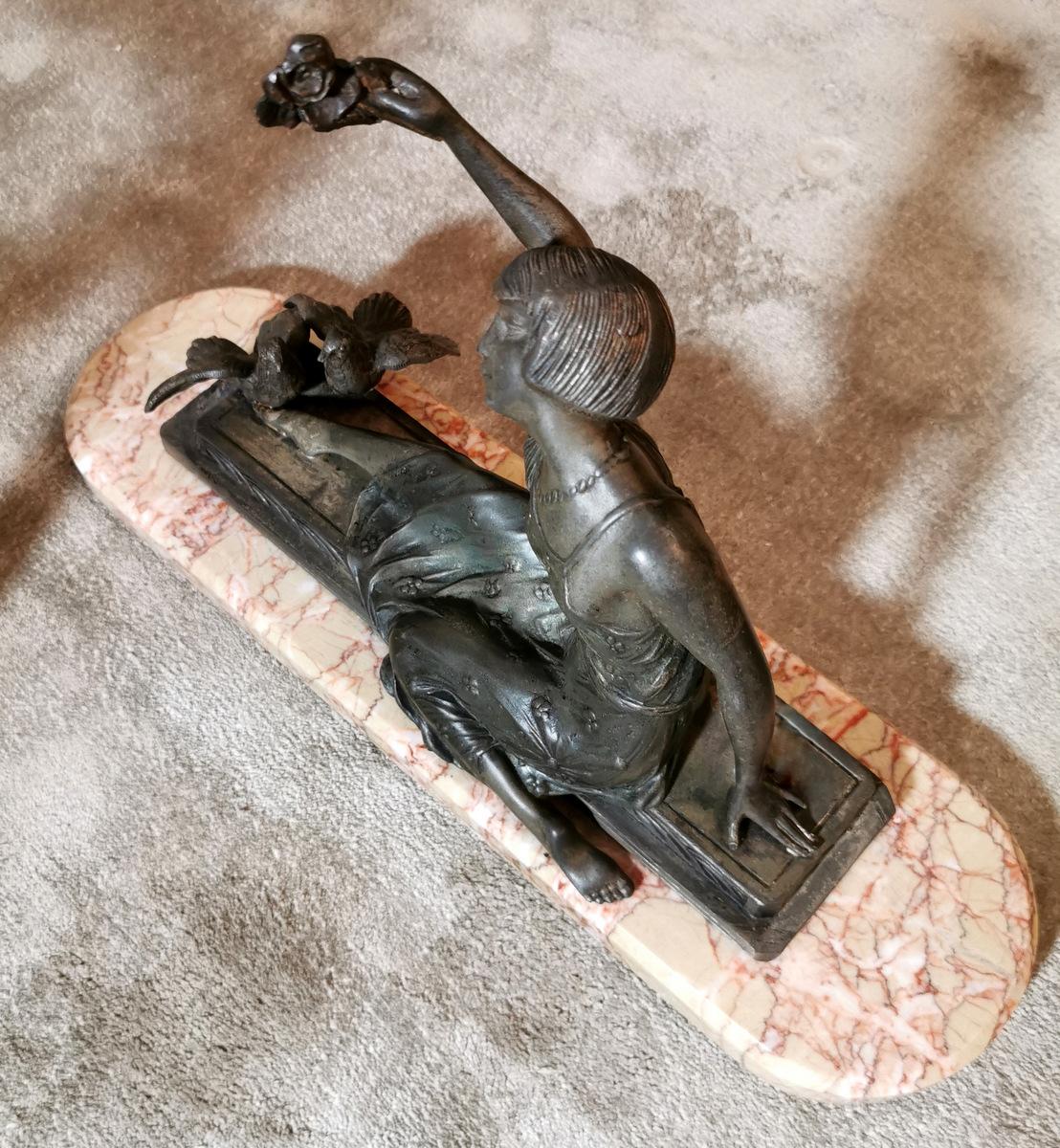 Polished Art Nouveau Statue of a Girl in Antimony on Precious Pink Marble France