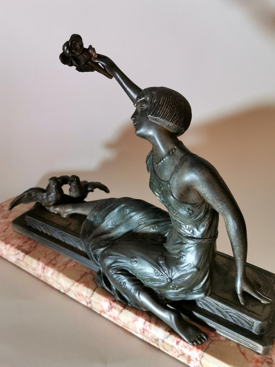 20th Century Art Nouveau Statue of a Girl in Antimony on Precious Pink Marble France
