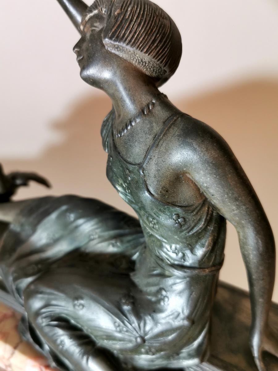 Other Art Nouveau Statue of a Girl in Antimony on Precious Pink Marble France