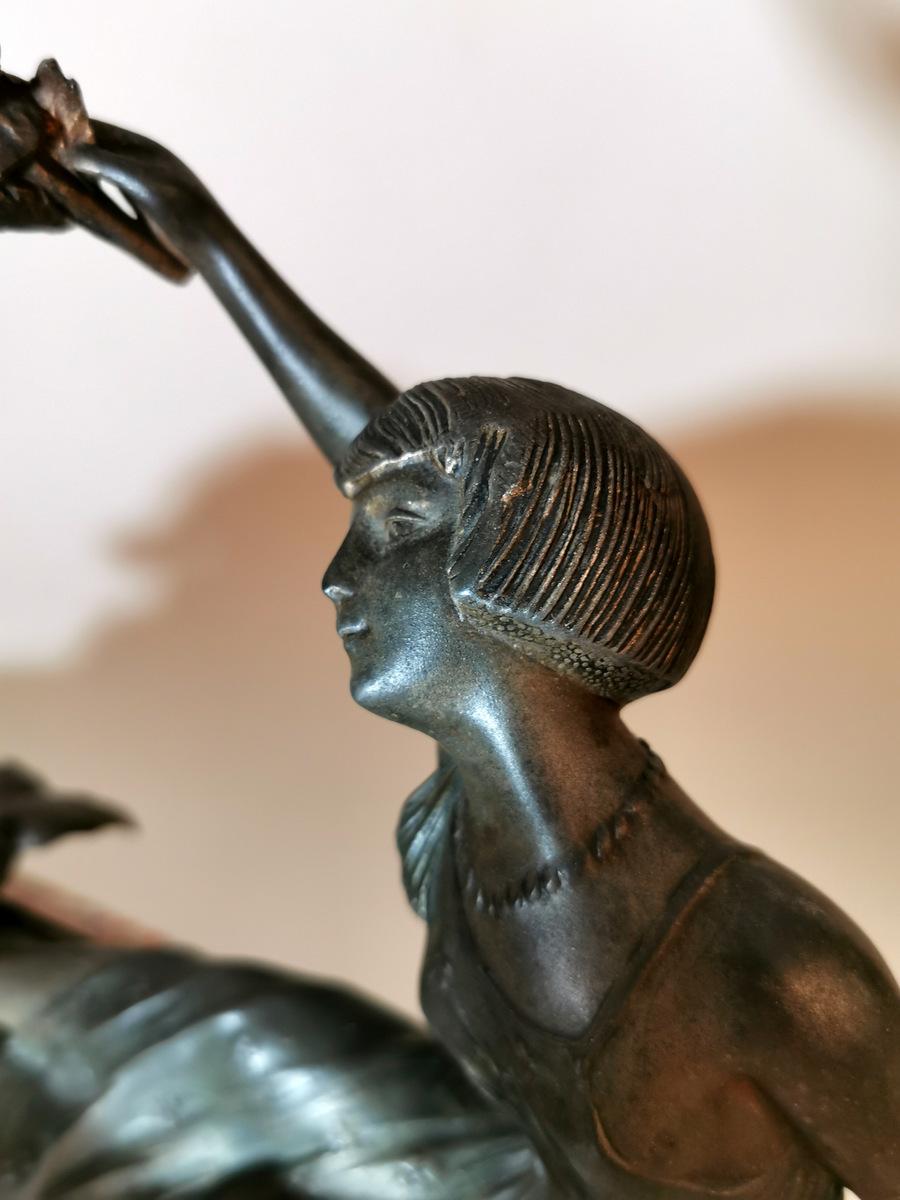 Art Nouveau Statue of a Girl in Antimony on Precious Pink Marble France 1