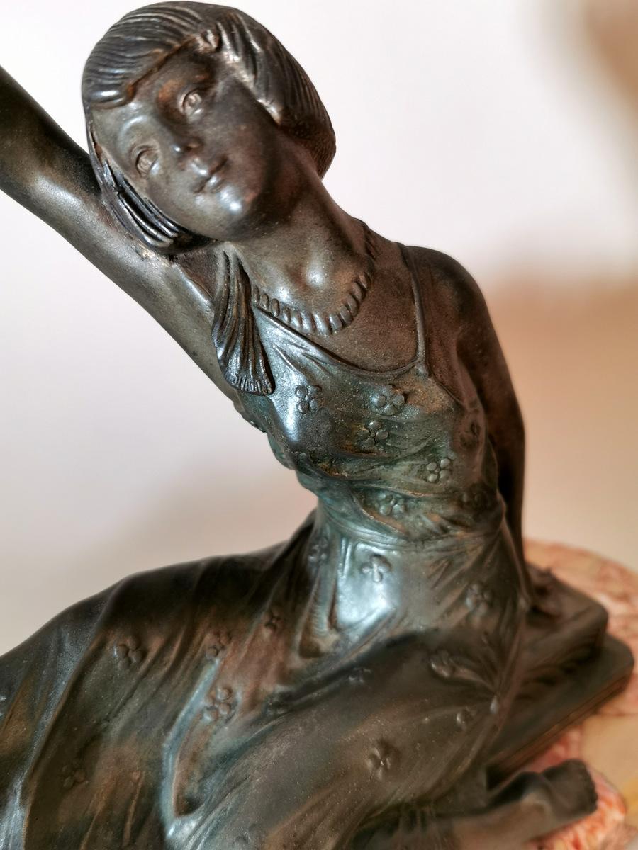 Art Nouveau Statue of a Girl in Antimony on Precious Pink Marble France 2