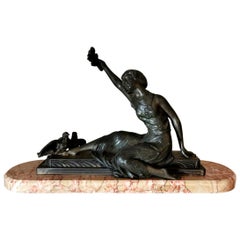 Art Nouveau Statue of a Girl in Antimony on Precious Pink Marble France