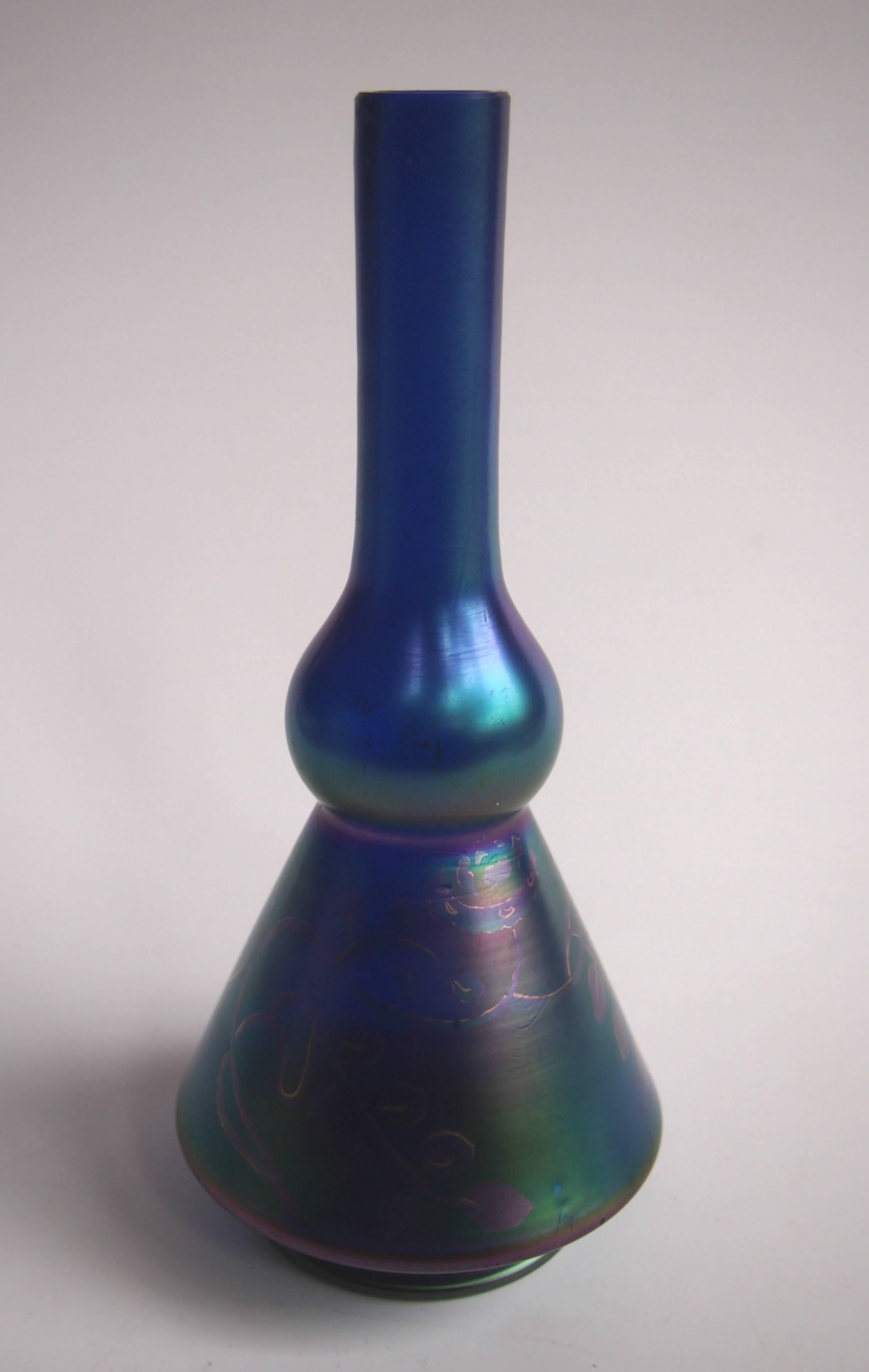 Art Nouveau German Steigerwald or Schliersee, Blue Inked Glass Vase 1905 In Good Condition For Sale In London, GB