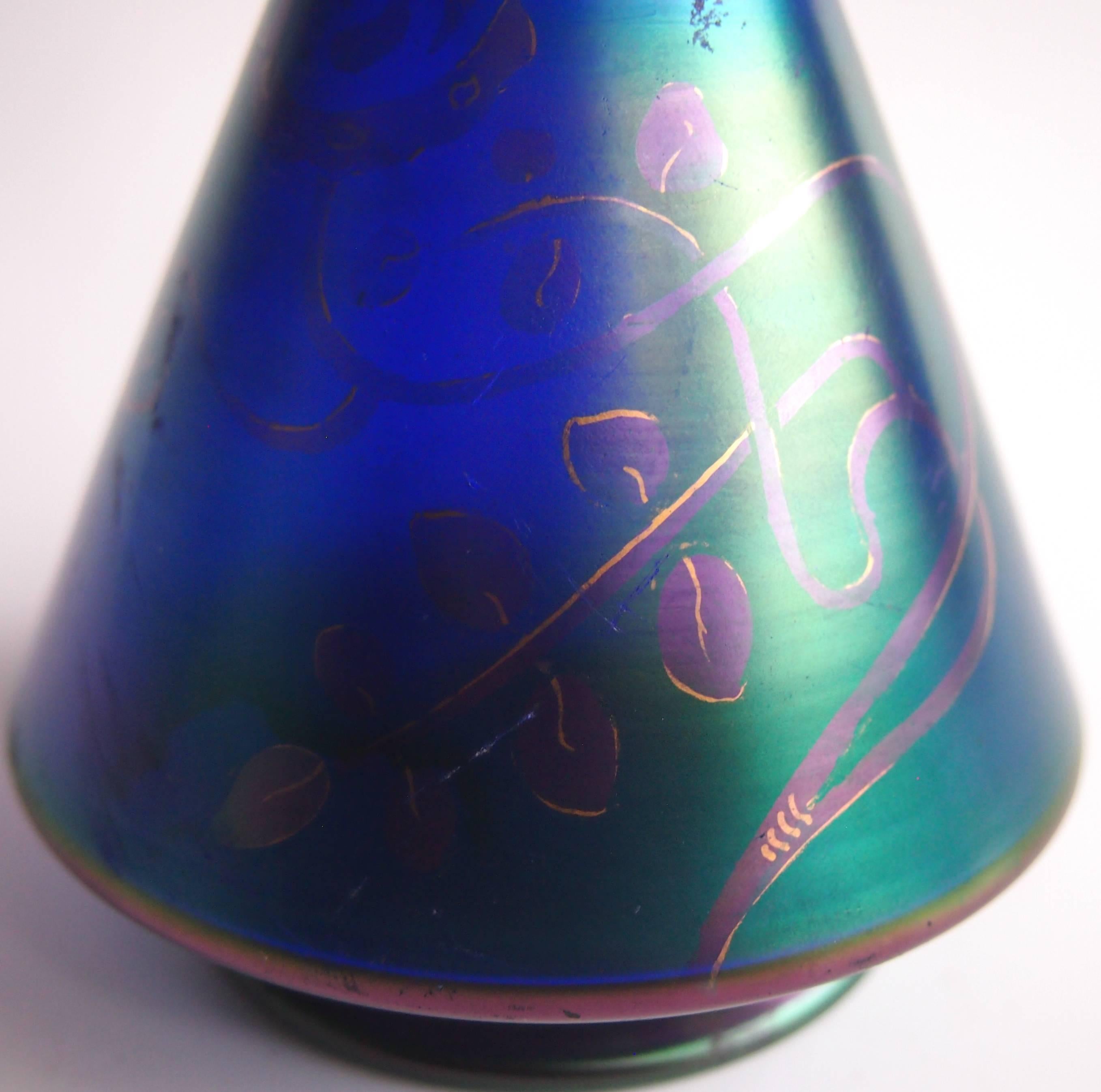 Art Nouveau German Steigerwald or Schliersee, Blue Inked Glass Vase 1905 For Sale 1